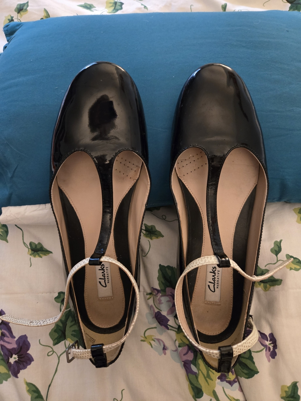 Clarks Black Patent T-Strap Flats with Cream Ankle Straps